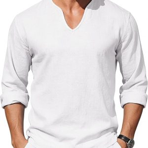 Mens Cotton Linen Shirts V-Neck